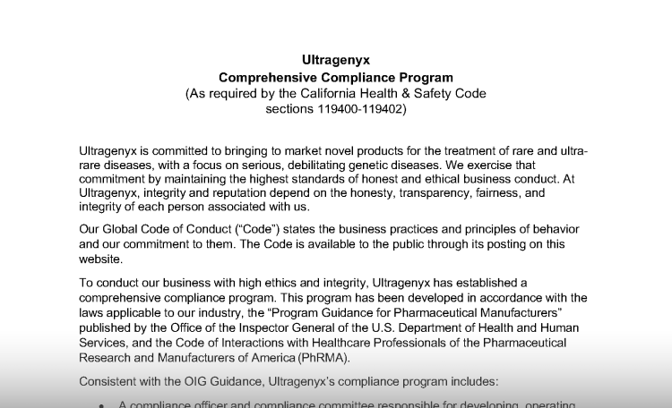 Ultragenyx Comprehensive Compliance Program